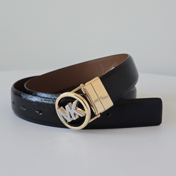 MICHAEL Michael Kors Womwn Reversible Belt L Gold Silver Tone Buckle NEW